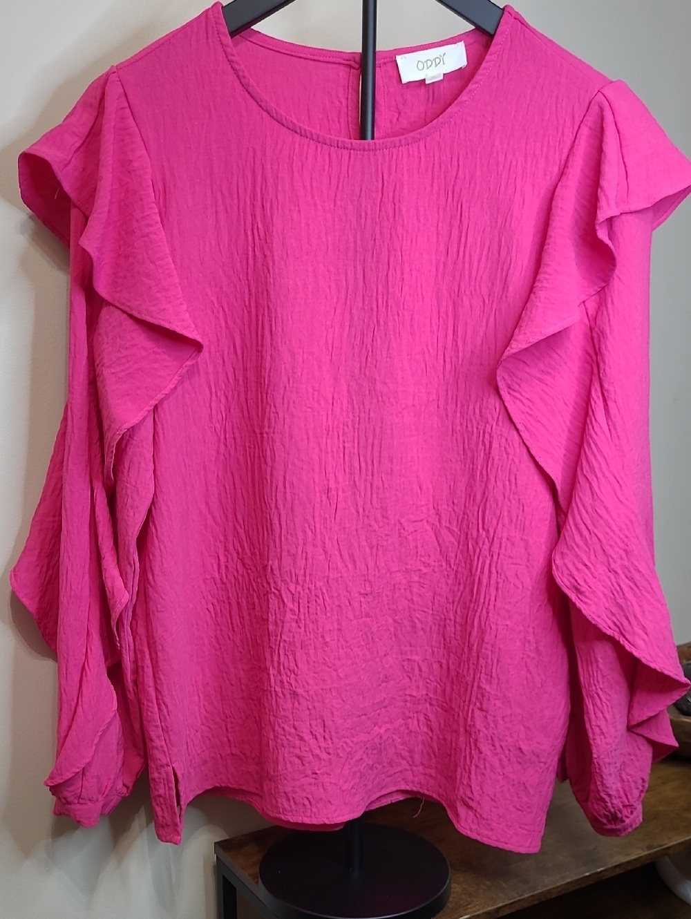 ODDY Hot Pink Ruffle Sleeve Crinkle Textured Blouse size Small